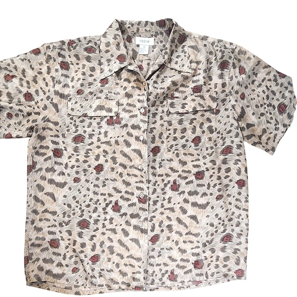 Vintage Silk Cezar Womens L Blouse Short Sleeve Leopard Print Button‎ Down Tan